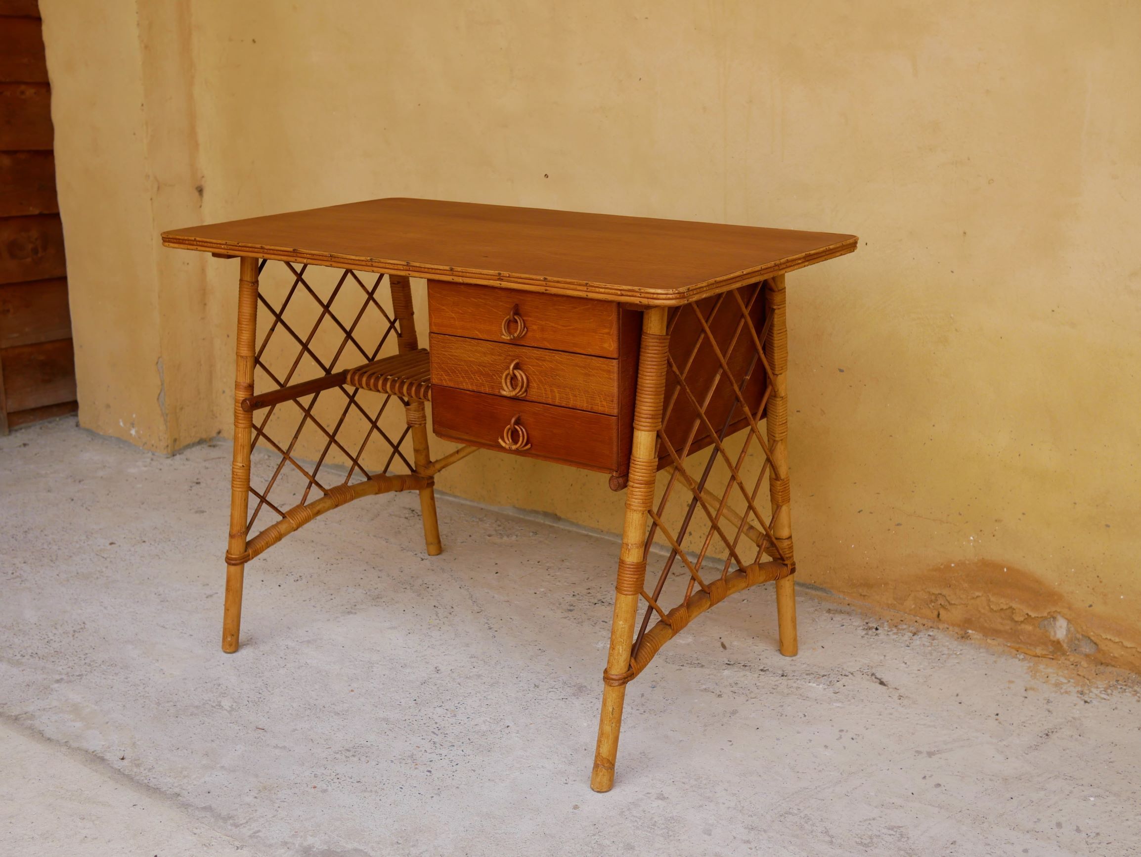 Rattan desk by Louis Sognot, 1950