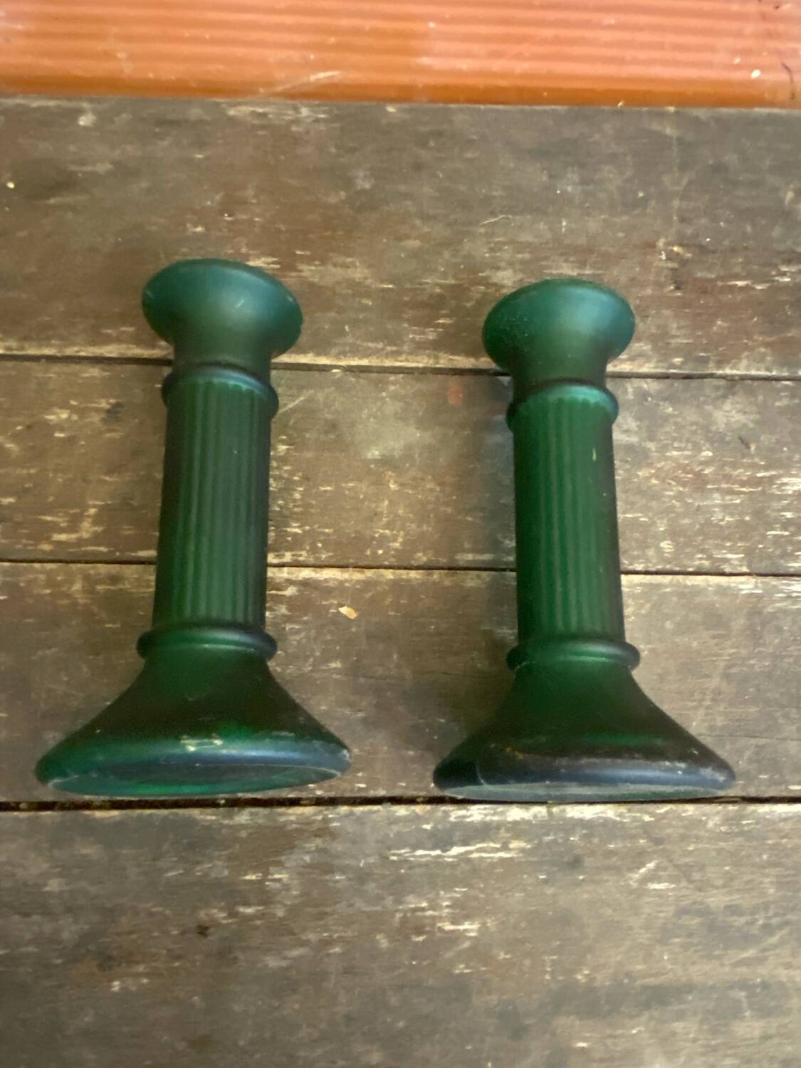 Pair of Antique Green Moulded Glass Candle Holders Column Shape Vintage #D813