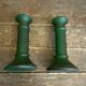 Pair of Antique Green Moulded Glass Candle Holders Column Shape Vintage #D813