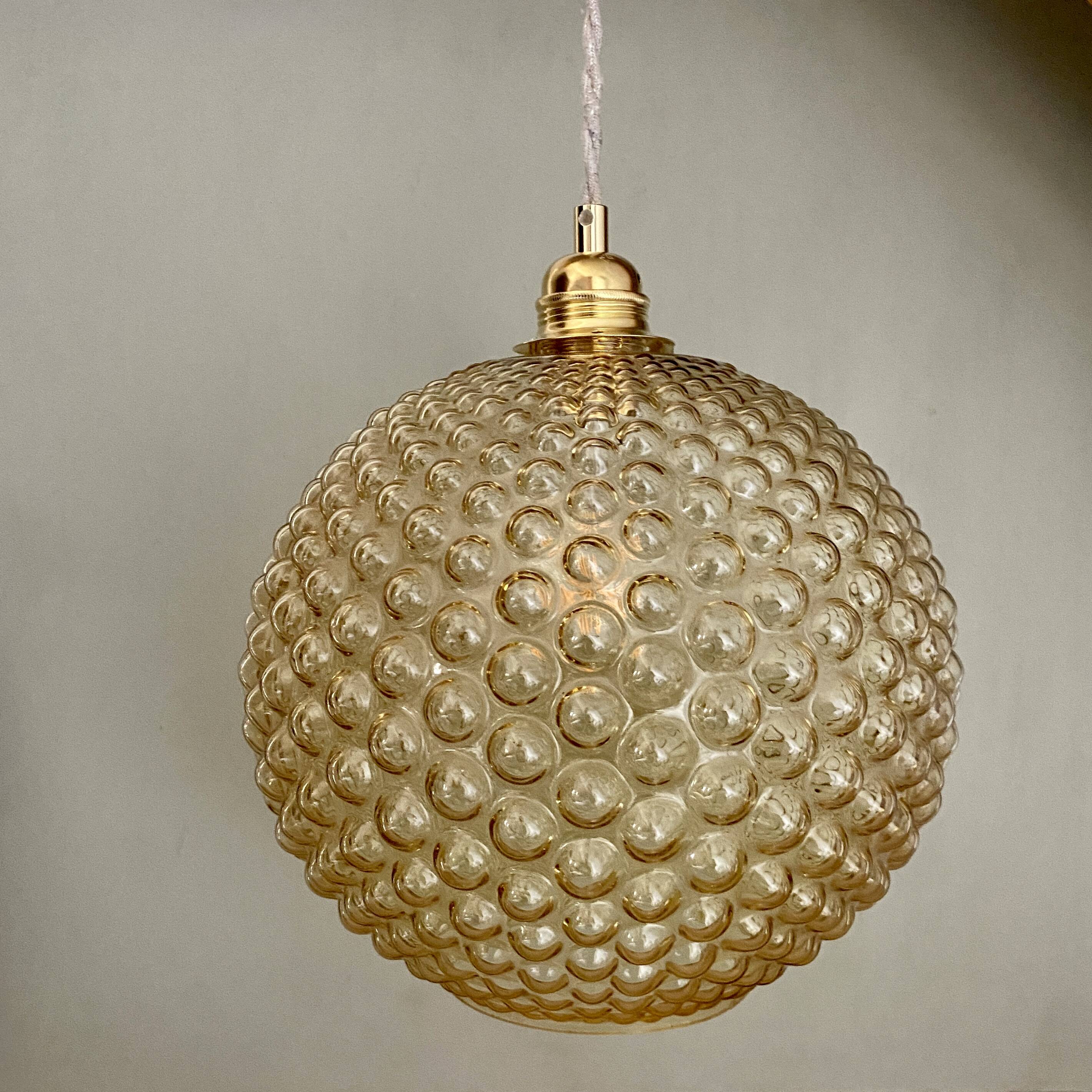 XXL vintage bubbled amber glass globe pendant light