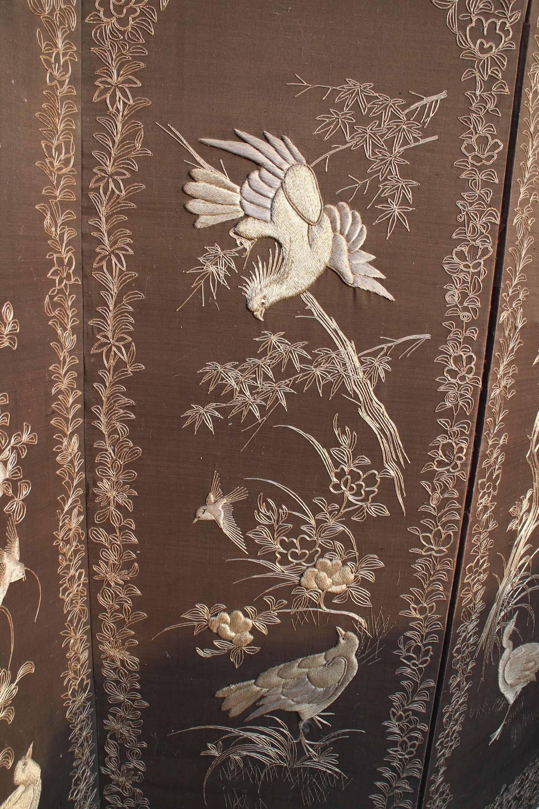 Japanese screen embroidered golden threads