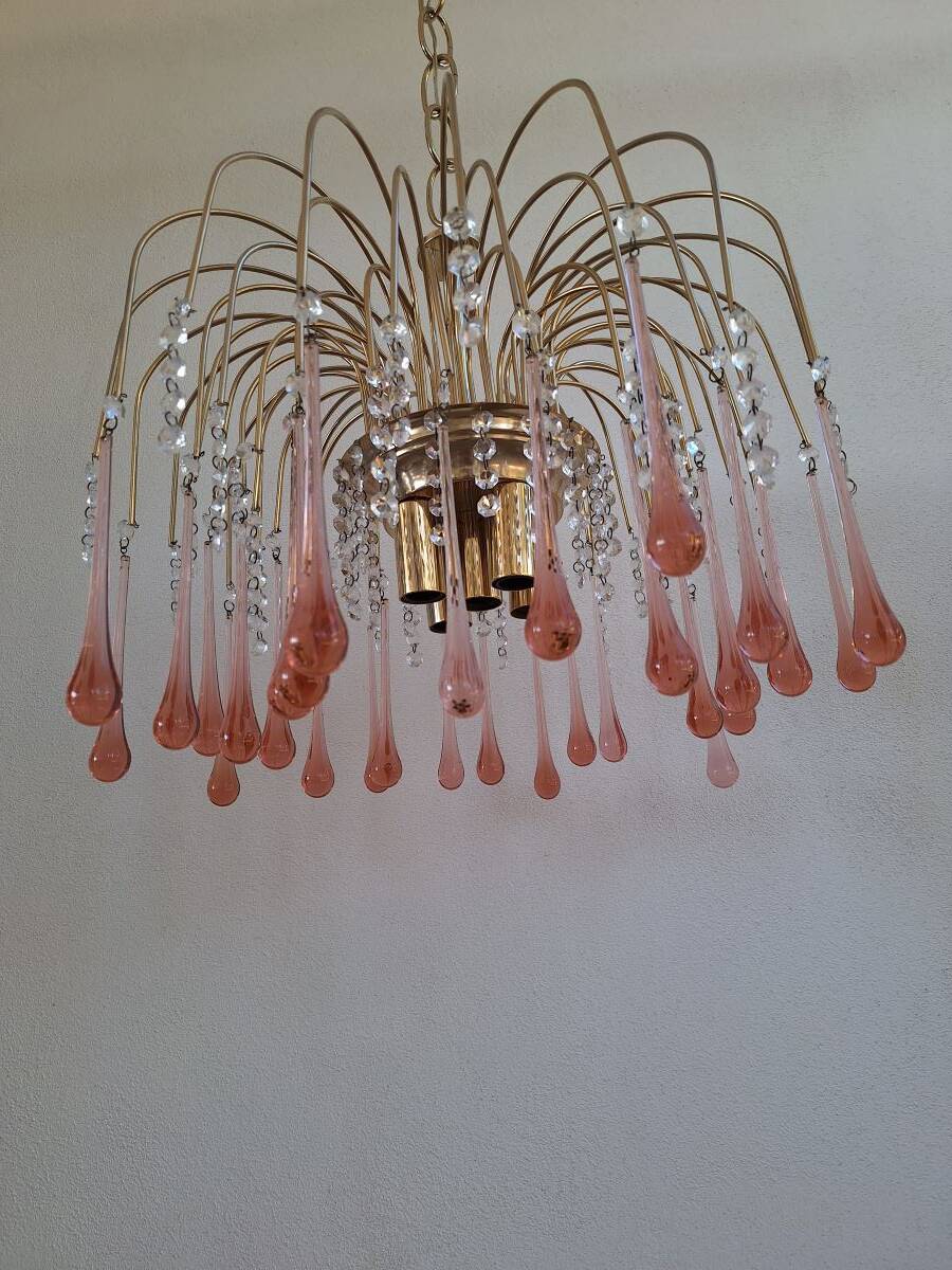Lustre en cascade de grande taille en verre de Murano rose