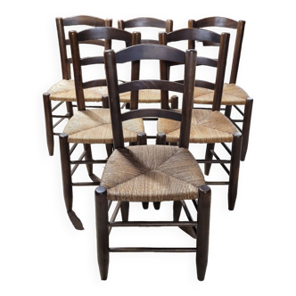 Series of 6 straw chairs brutalist rustic chalet style Perriand -1950s