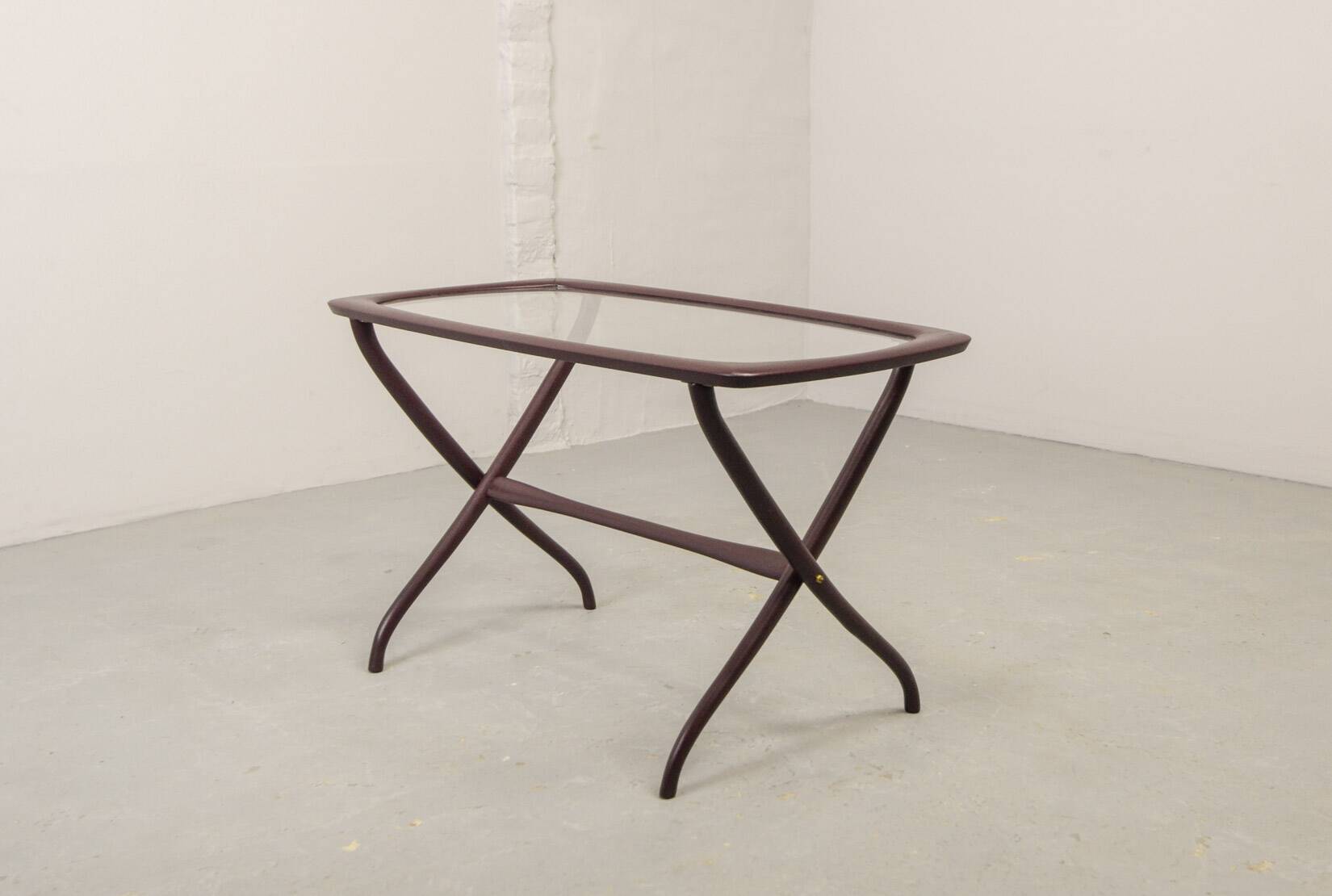 Italian Design Wooden Scissor Frame Side Table with Glass Top. Italy, 1950s
