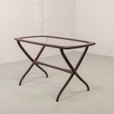 Italian Design Wooden Scissor Frame Side Table with Glass Top. Italy, 1950s