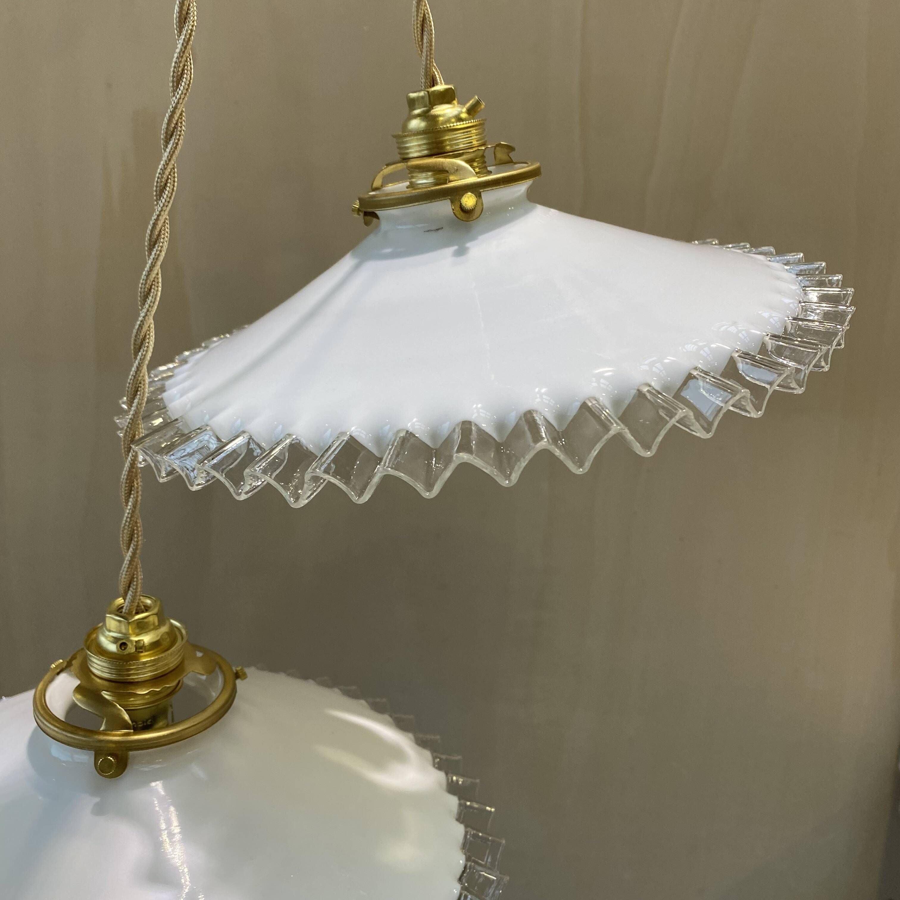 Pair of vintage pendant lights in opaline and transparent serrated edges