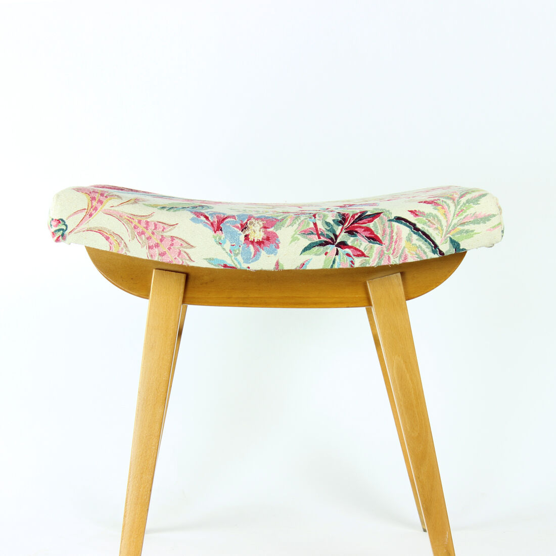 Tabouret mid century en chêne et lin, Ton Tchécoslovaquie années 1960