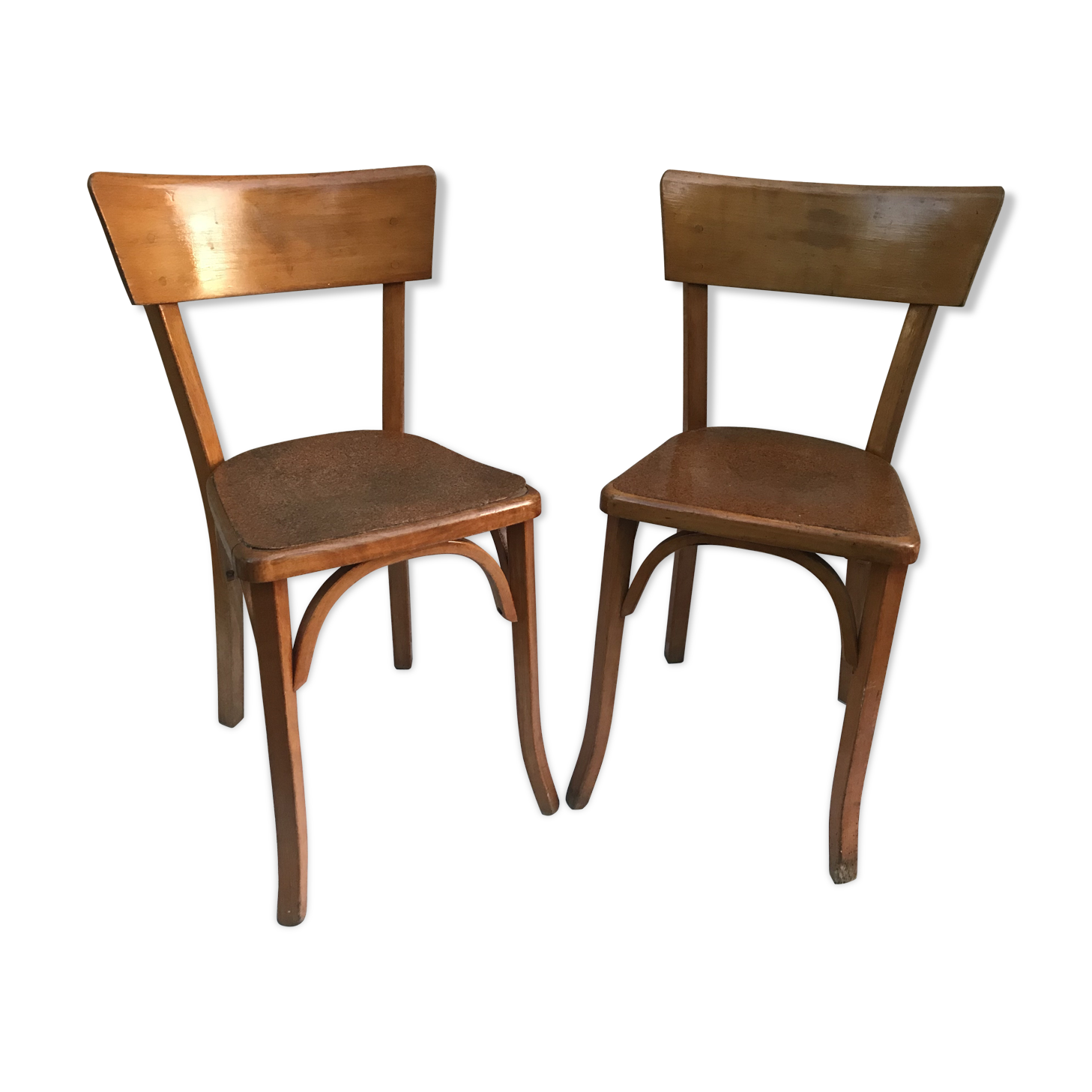 Pair of chairs old signed bistro Baumann wood curved clear vintage