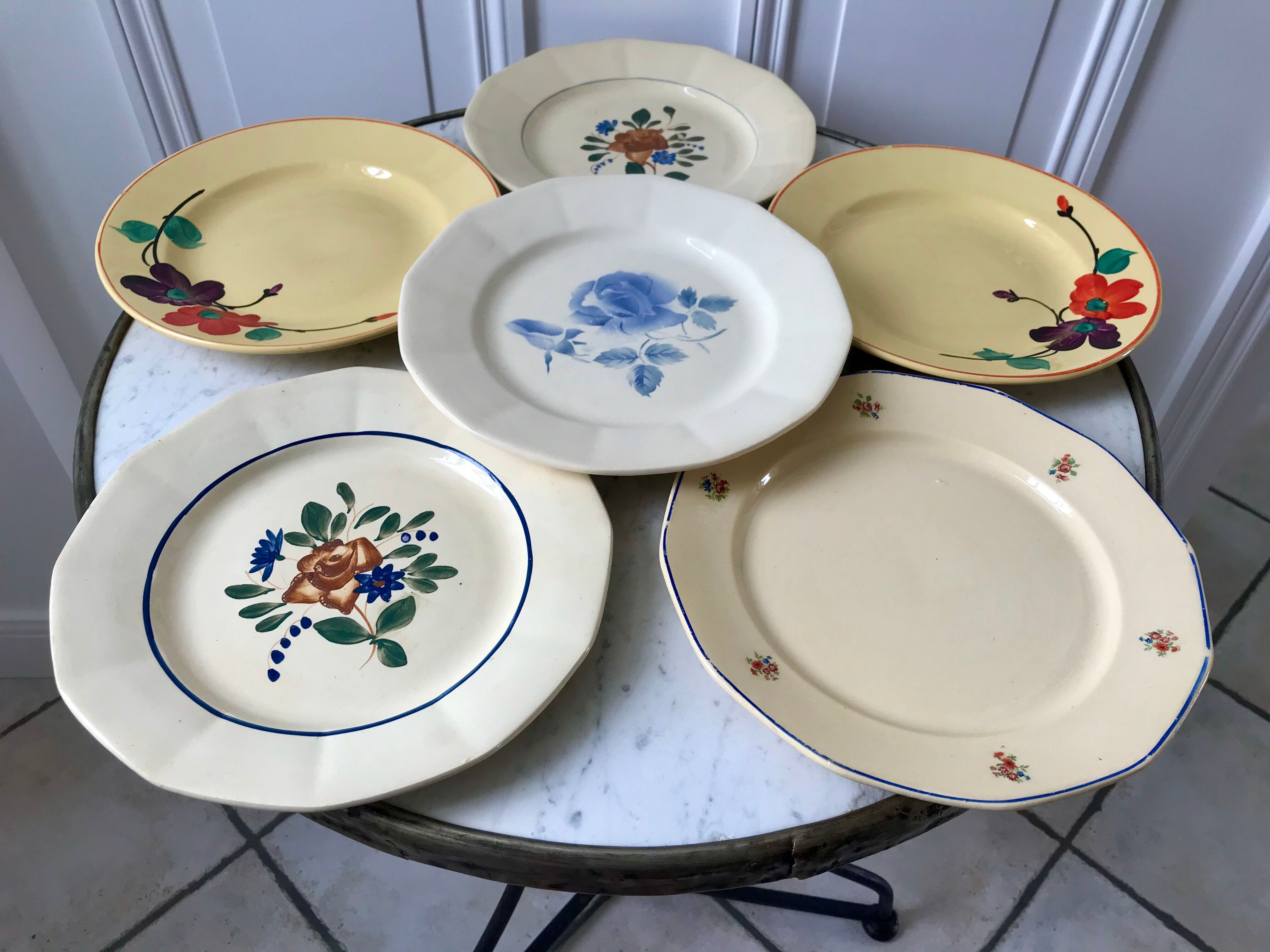 Lot de 6 assiettes plates dépareillées digoin sarreguemines modèle "ginette" & autre années 40-50