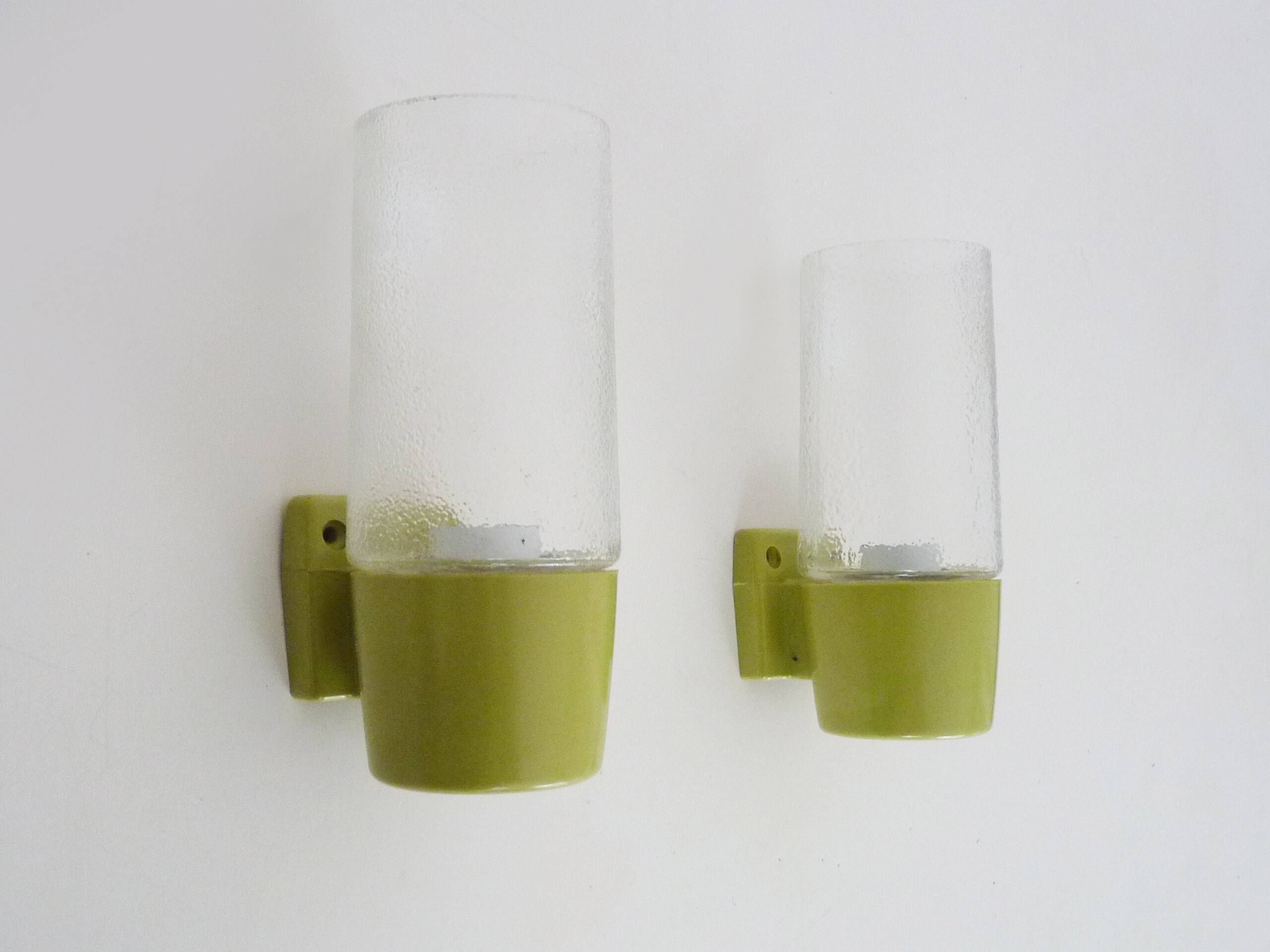 Pair of vintage pop wall lights in pastel green PVC and glass globe. 70s