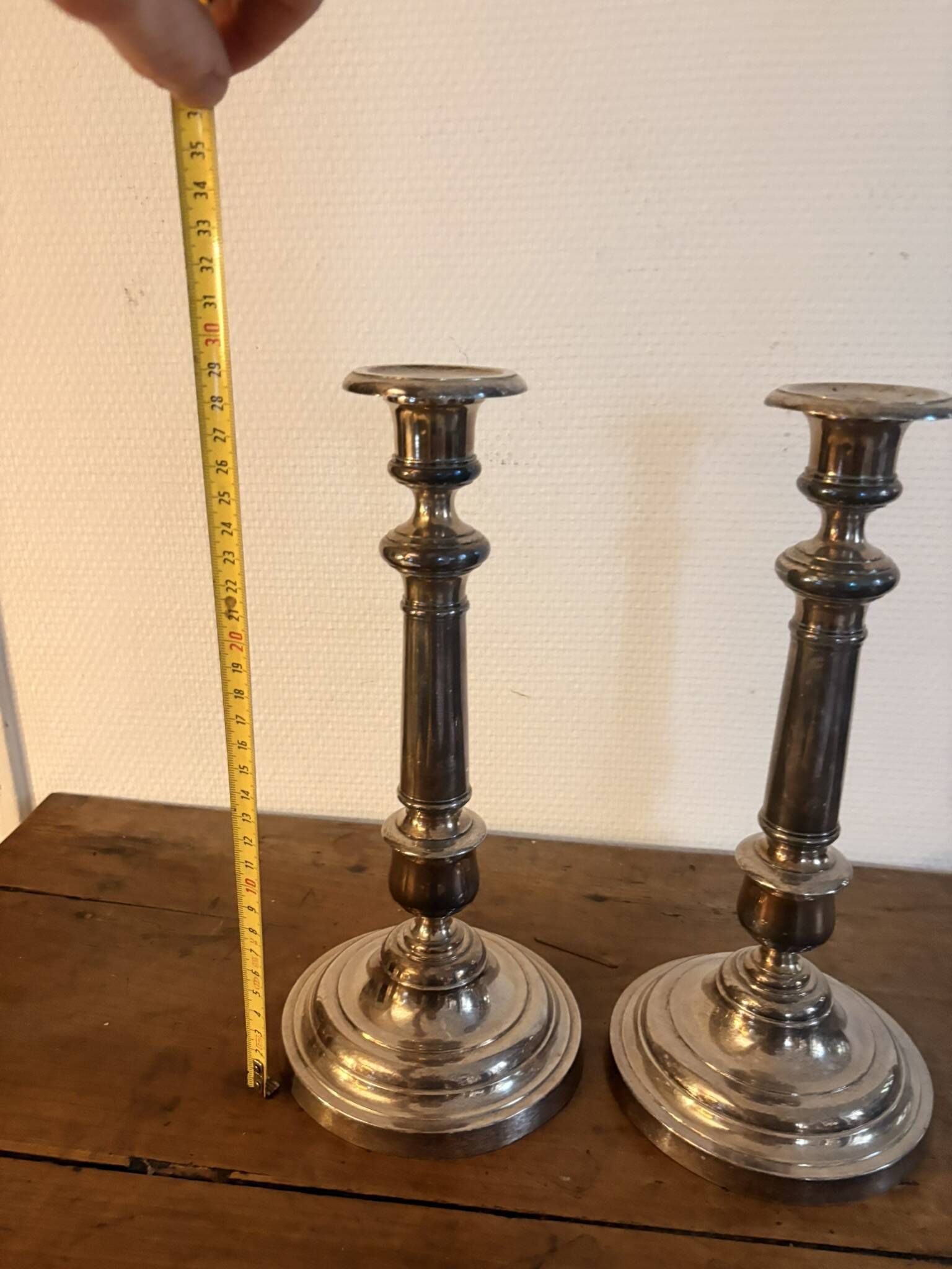 Pair of Silvered Metal Baluster Candle Holders in Louis XV Style, 19th Century Candelabra