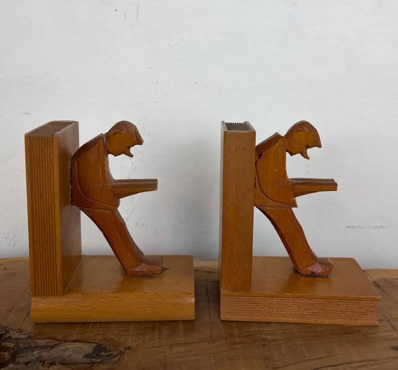 Vintage Mid-Century Cubist German Carved Wood Bookends – Art Deco Style