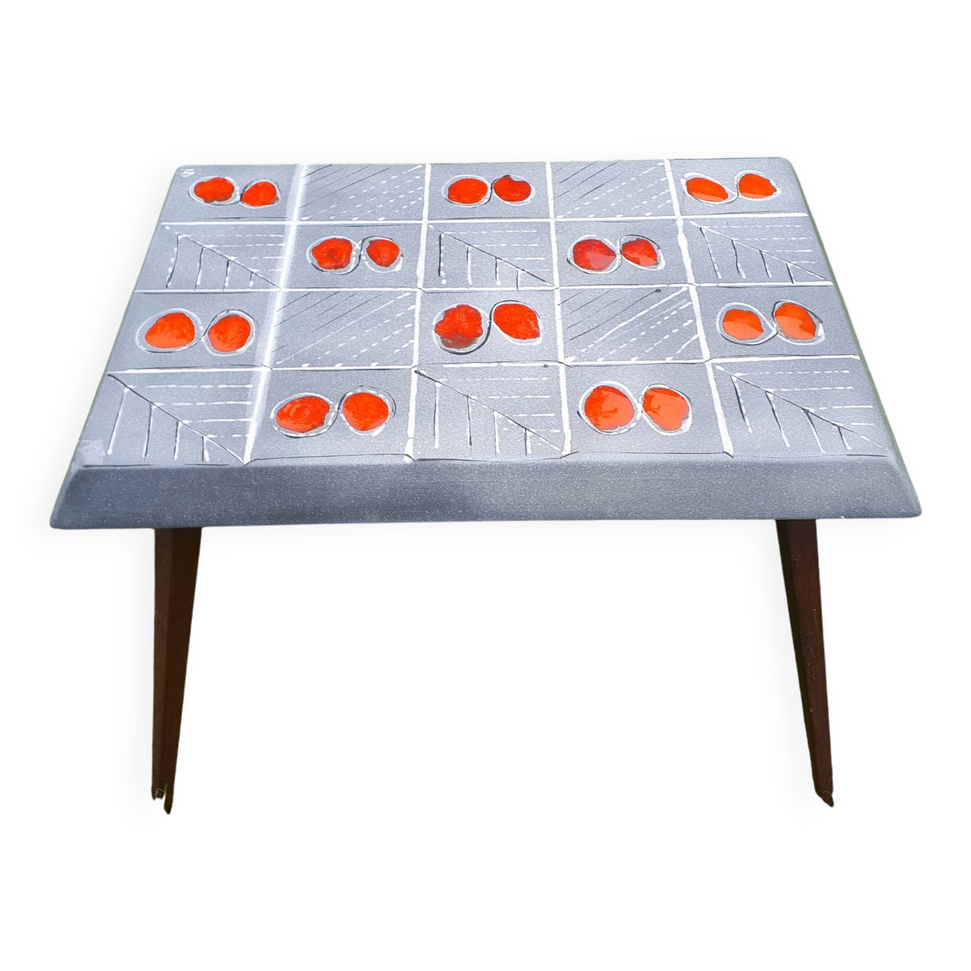 Small 1960s enamelled table, spindle legs, signed jd.