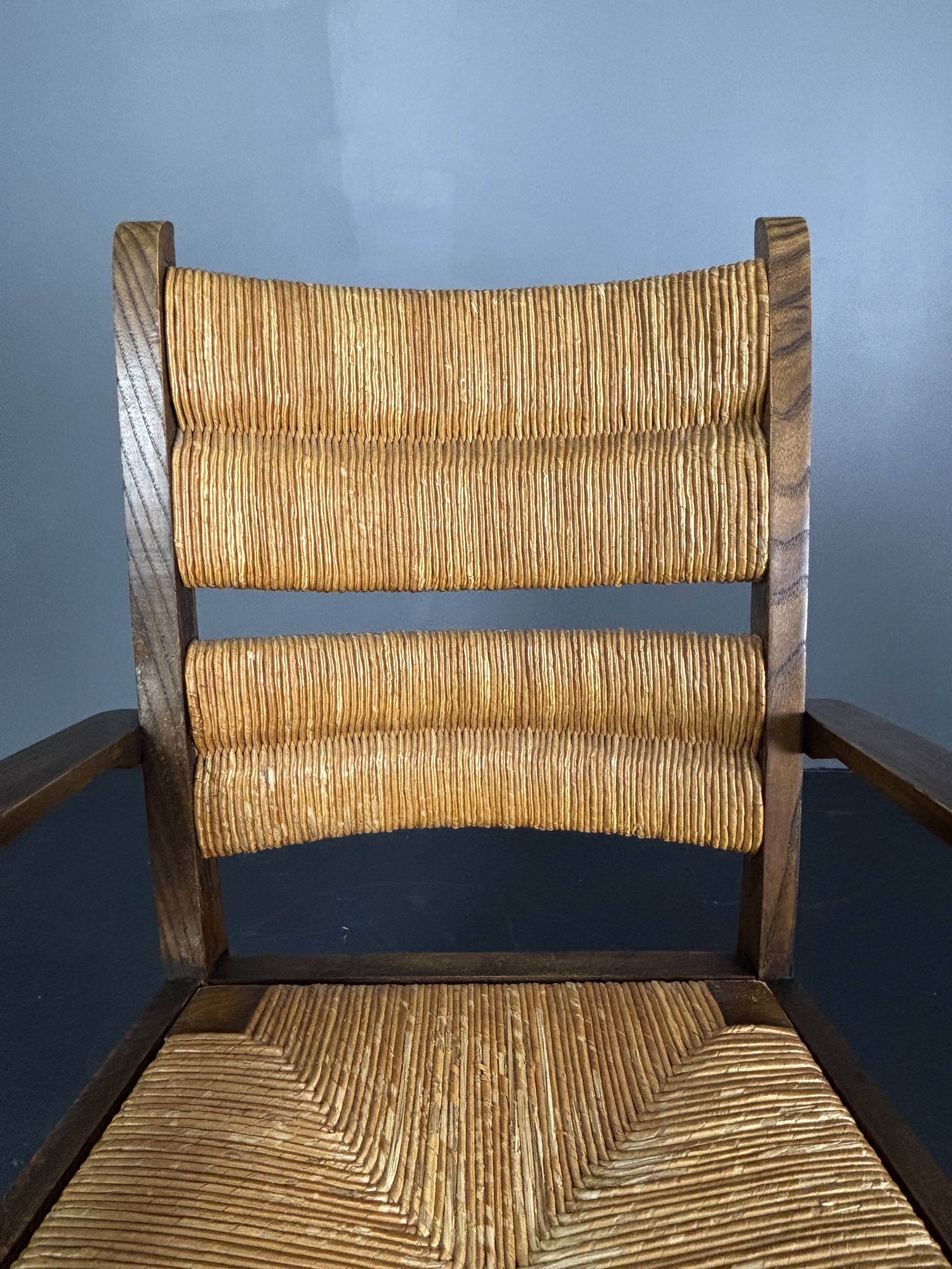 Wood turned rush armchair in the stye of Charles Dudouyt, France 1950s