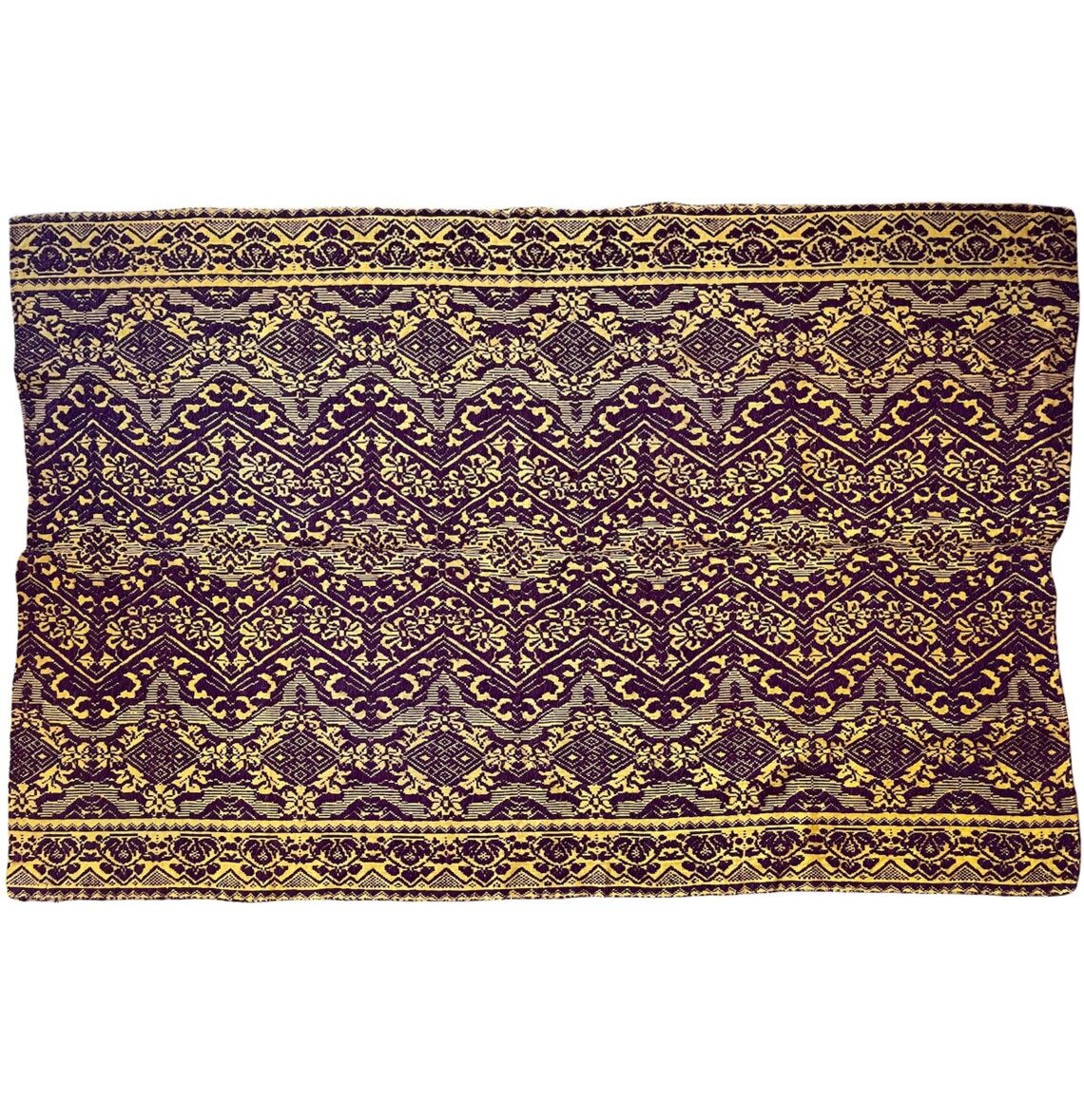 Vintage Romanian carpet design brown purple on yellow background 185x130cm