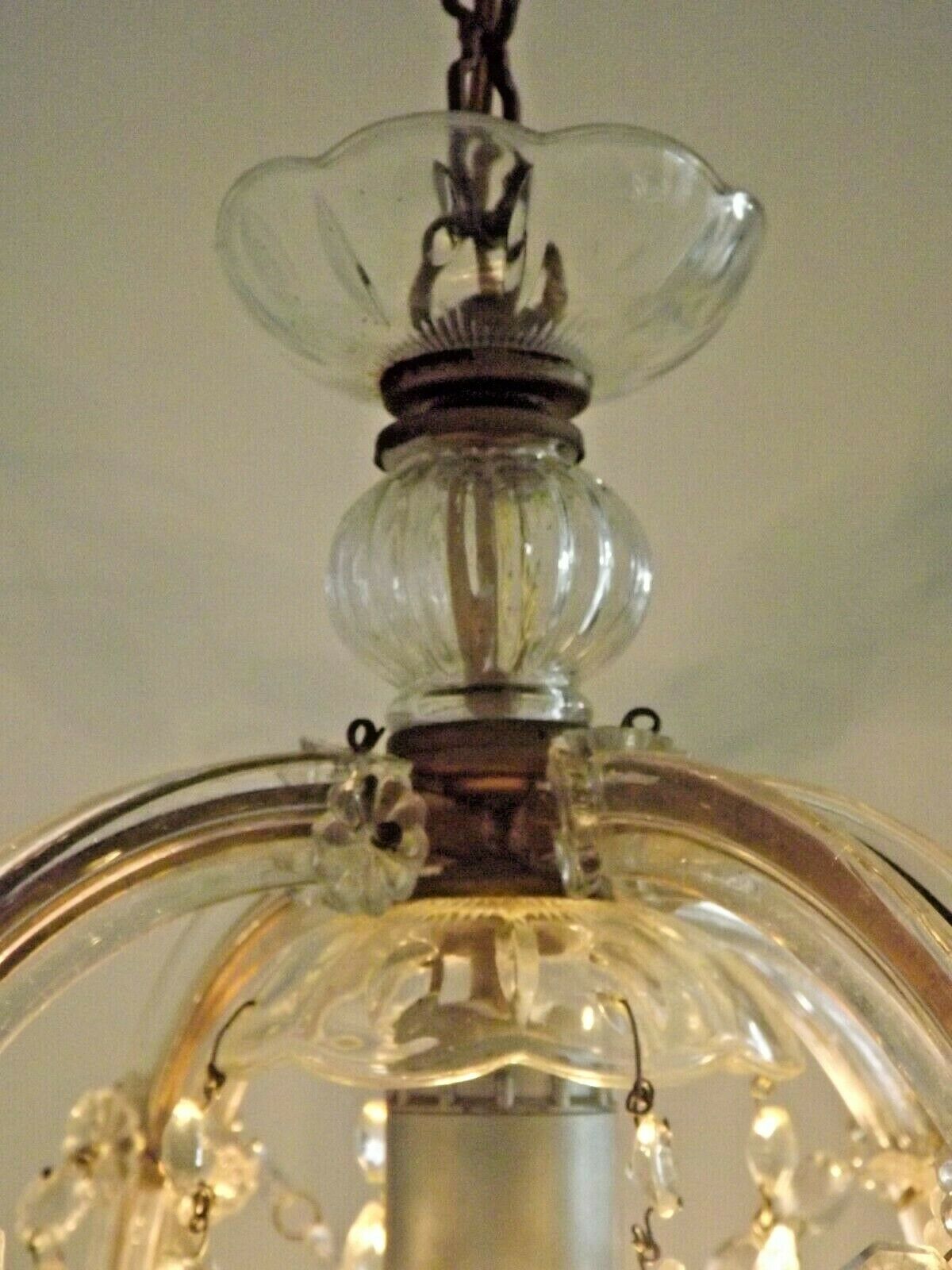 French vintage single light metal glass & acrylic crystal cage chandelier 3152