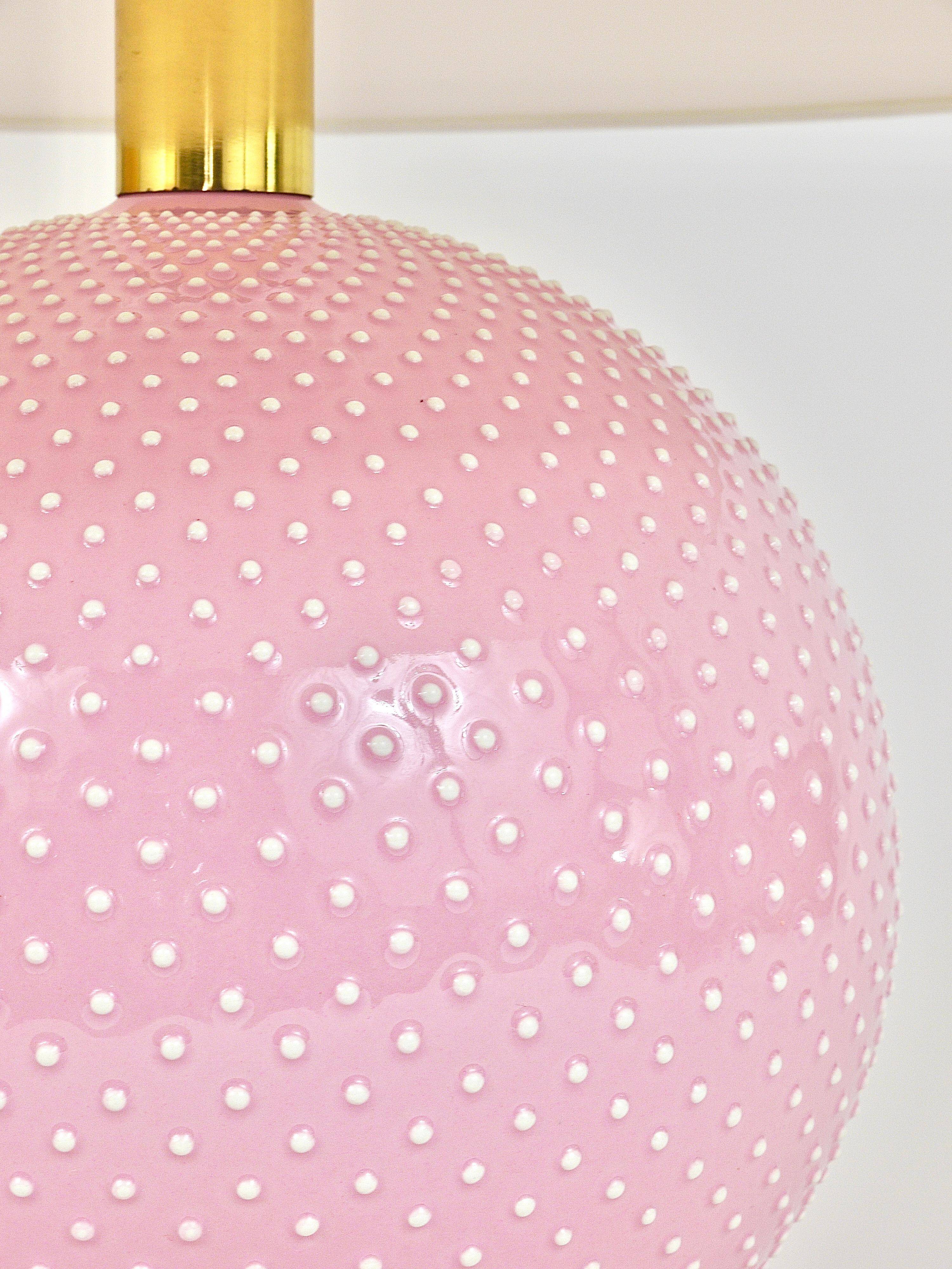 Pastel pink polka dot spherical table lamp, ceramic, brass, Studio Paf Milano, 1970.