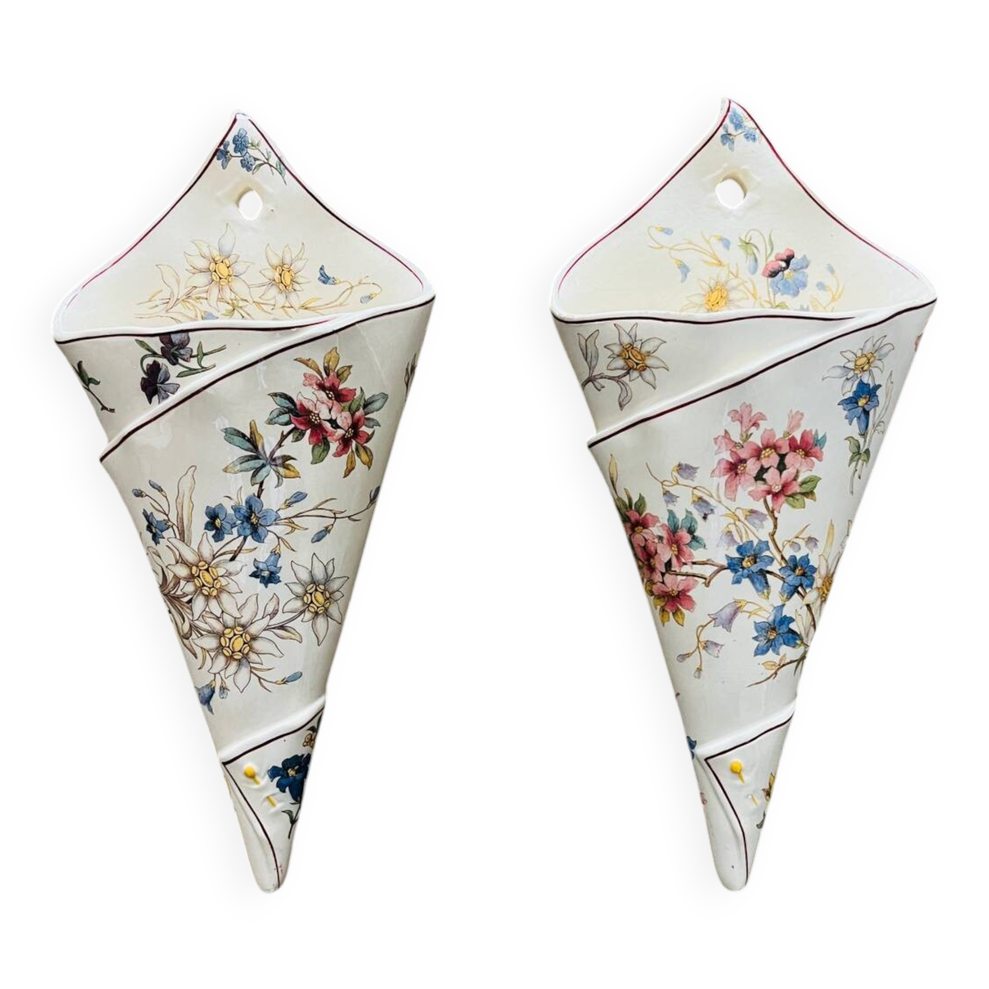 Pair of large bouquet vases, earthenware from Sarreguemines, Righi model.