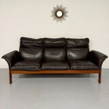 Vintage black leather Dreipunkt Scala design 3-seater sofa in teak.