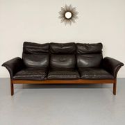 Vintage black leather Dreipunkt Scala design 3-seater sofa in teak.