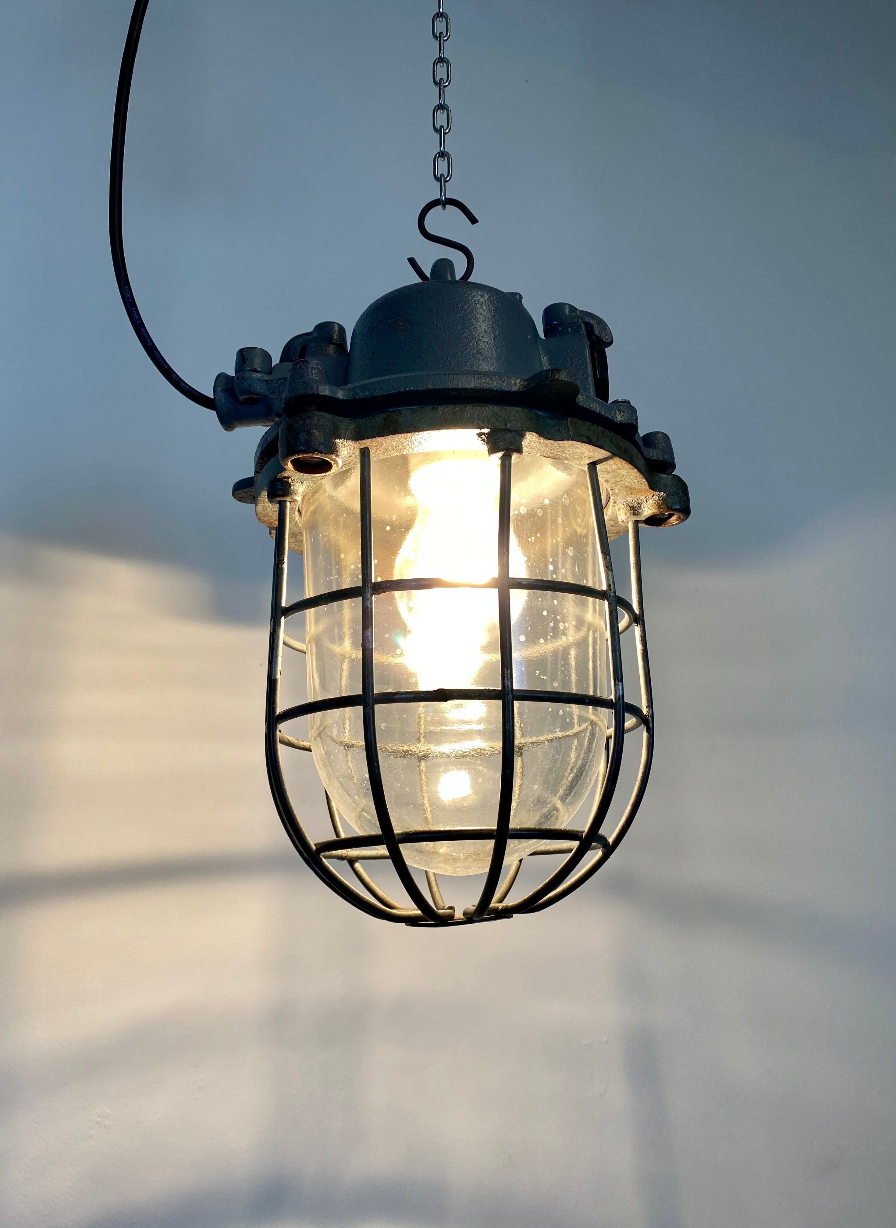 Grey Industrial Cast Iron Cage Pendant Light, 1960s