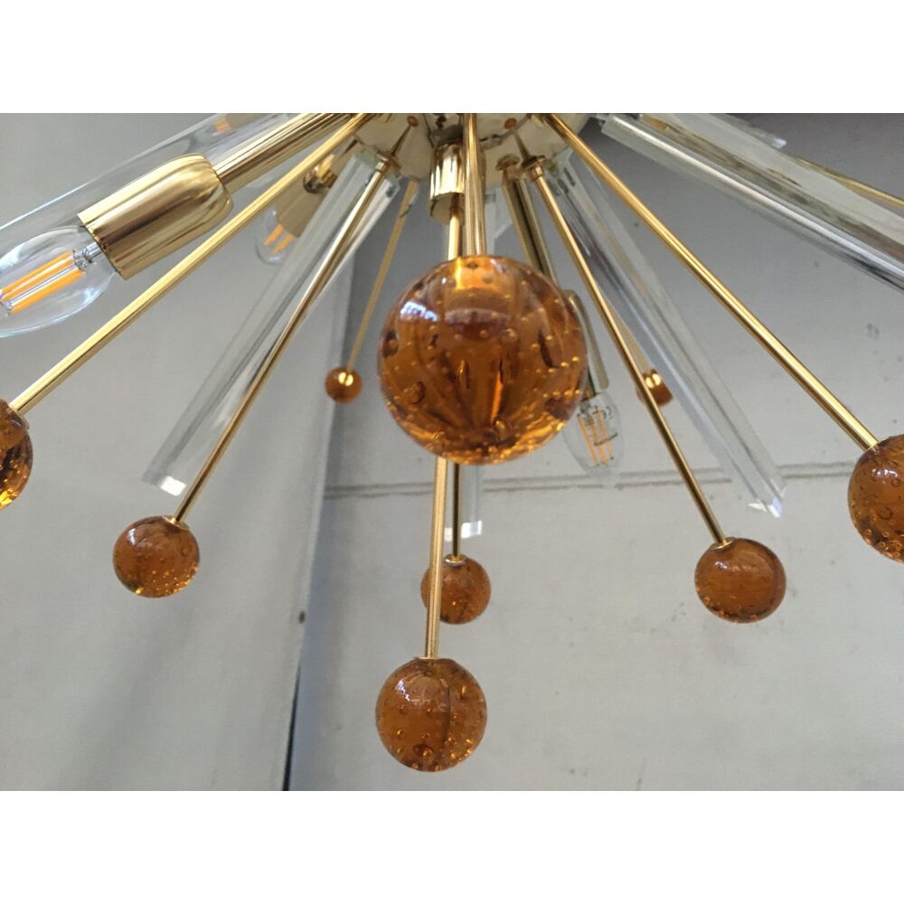 Transparent “triedro” and amber spheres murano glass oval sputnik chandelier