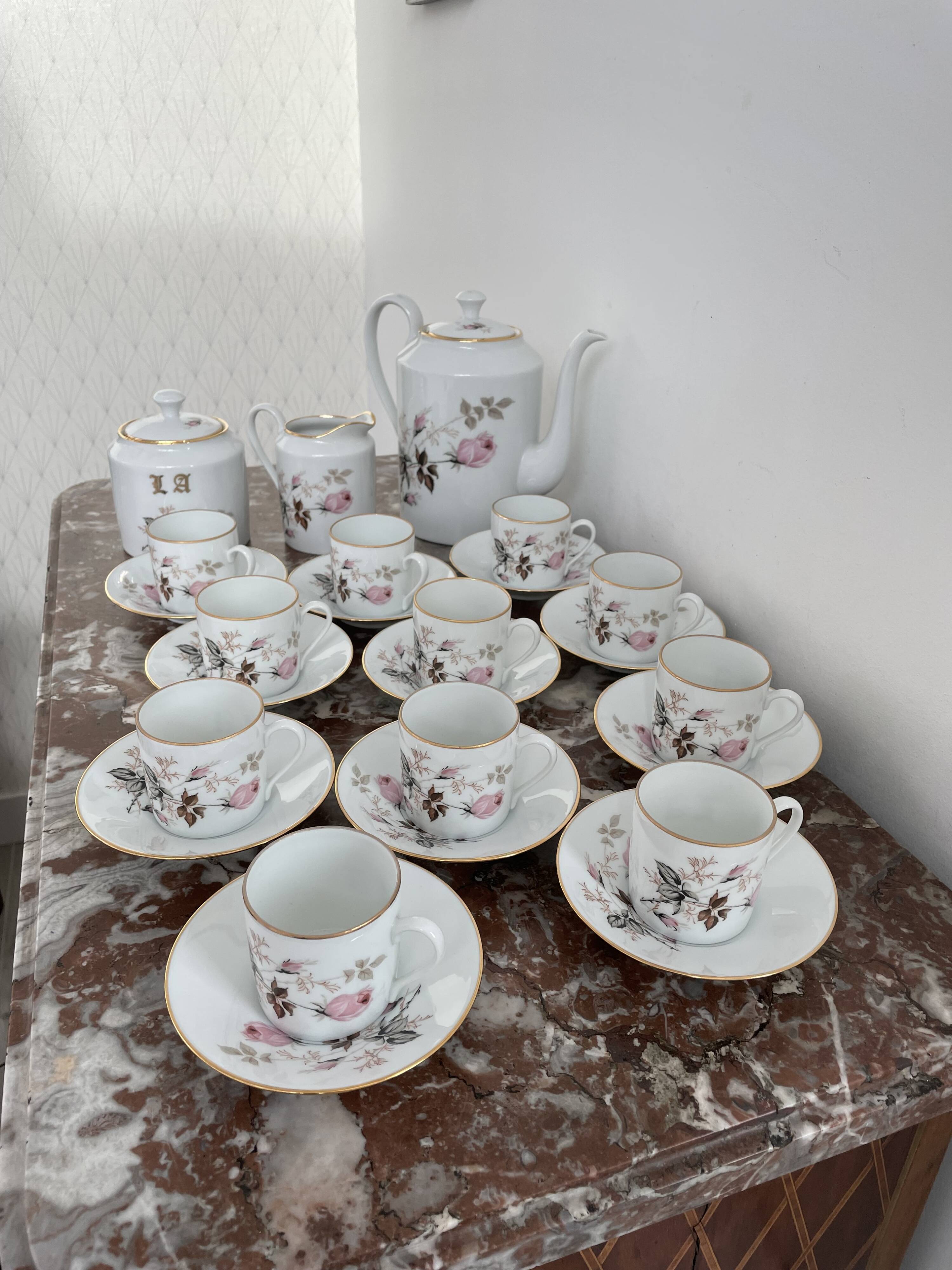 Vintage, coffee service, tea, Limoges, Flowers, cipher, 11 cups and under cups, teapot, 27 pieces