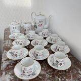 Vintage, coffee service, tea, Limoges, Flowers, cipher, 11 cups and under cups, teapot, 27 pieces