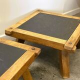 Vintage Pair of oak and slate brutalist end or coffee tables, France 1970s.