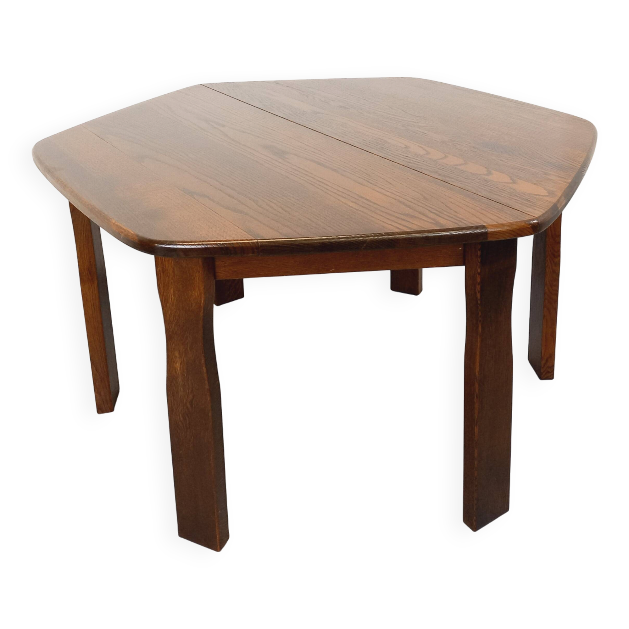 Vintage brutalist hexagonal dining table made of oak from the 1950s.