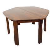 Table à manger hexagonale vintage brutaliste en bois de chêne des années 50