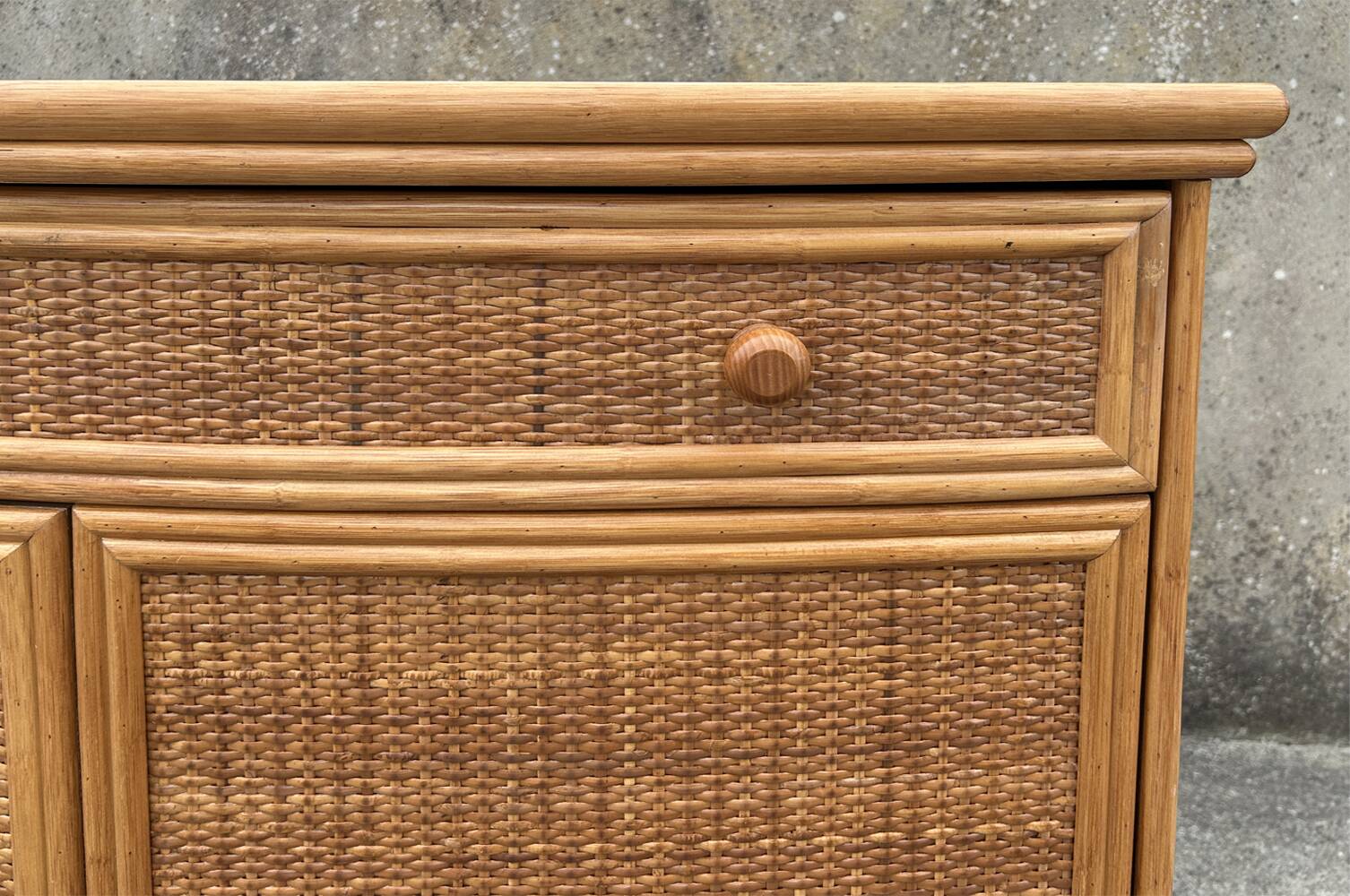 Vintage low sideboard, Exodia, bamboo and rattan, 80s