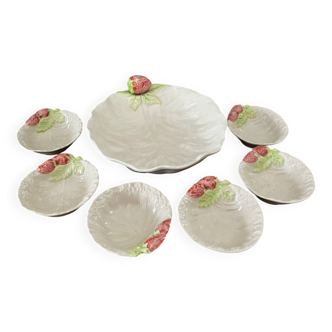 Vintage hollow dish and its 6 strawberry slip bowls