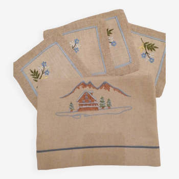 Embroidered tea tablecloth with mountain decor in linen and cotton