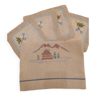 Embroidered tea tablecloth with mountain decor in linen and cotton