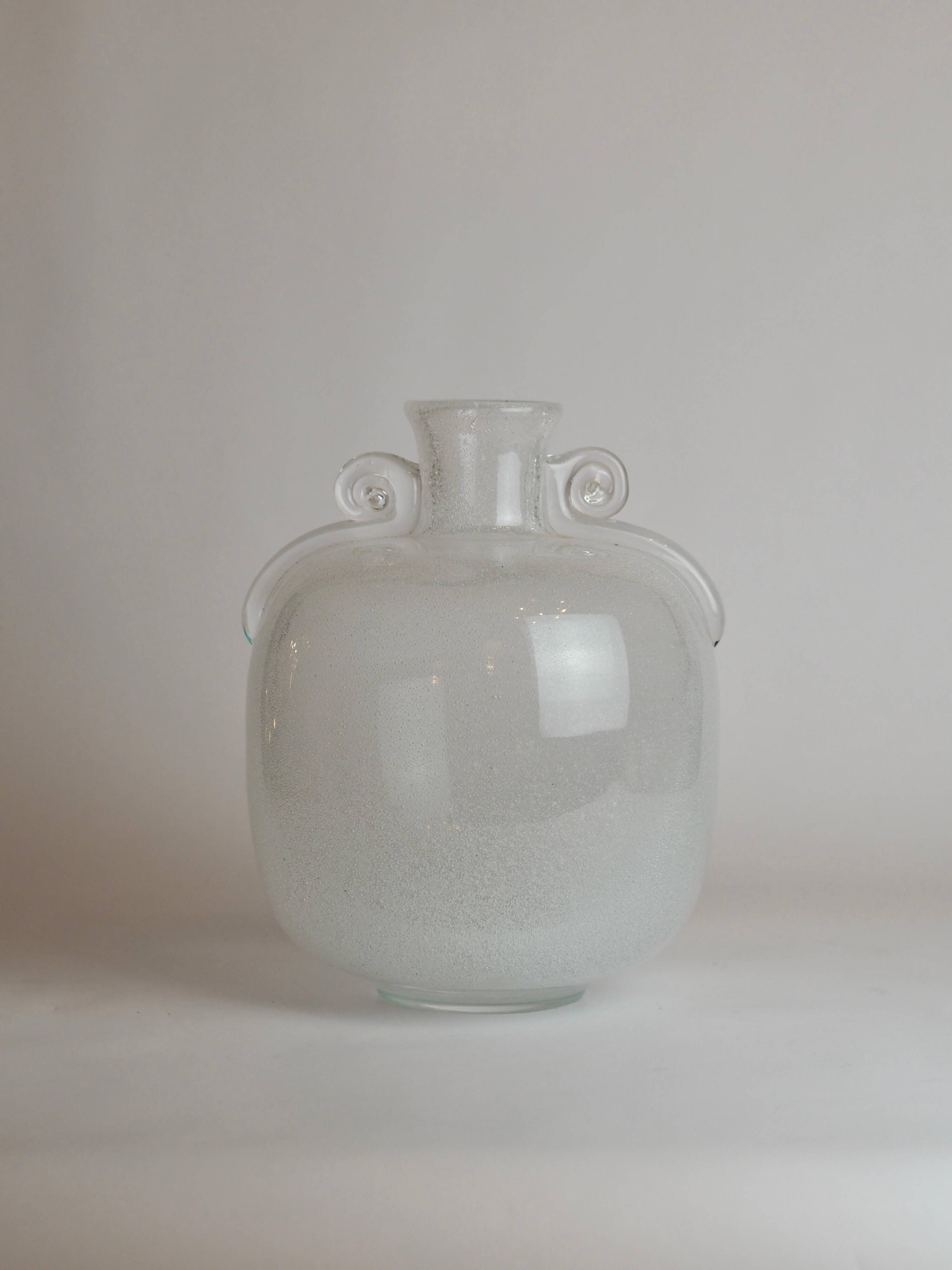 Murano glass vase "Pulegoso" in the shape of an amphora, with scroll handles, signed Seguso Vetri d'Arte.