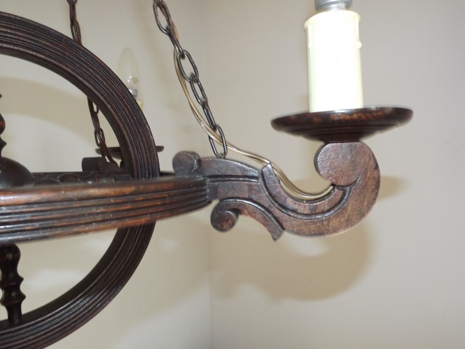 French vintage rustic 4 light wheel chandelier hand