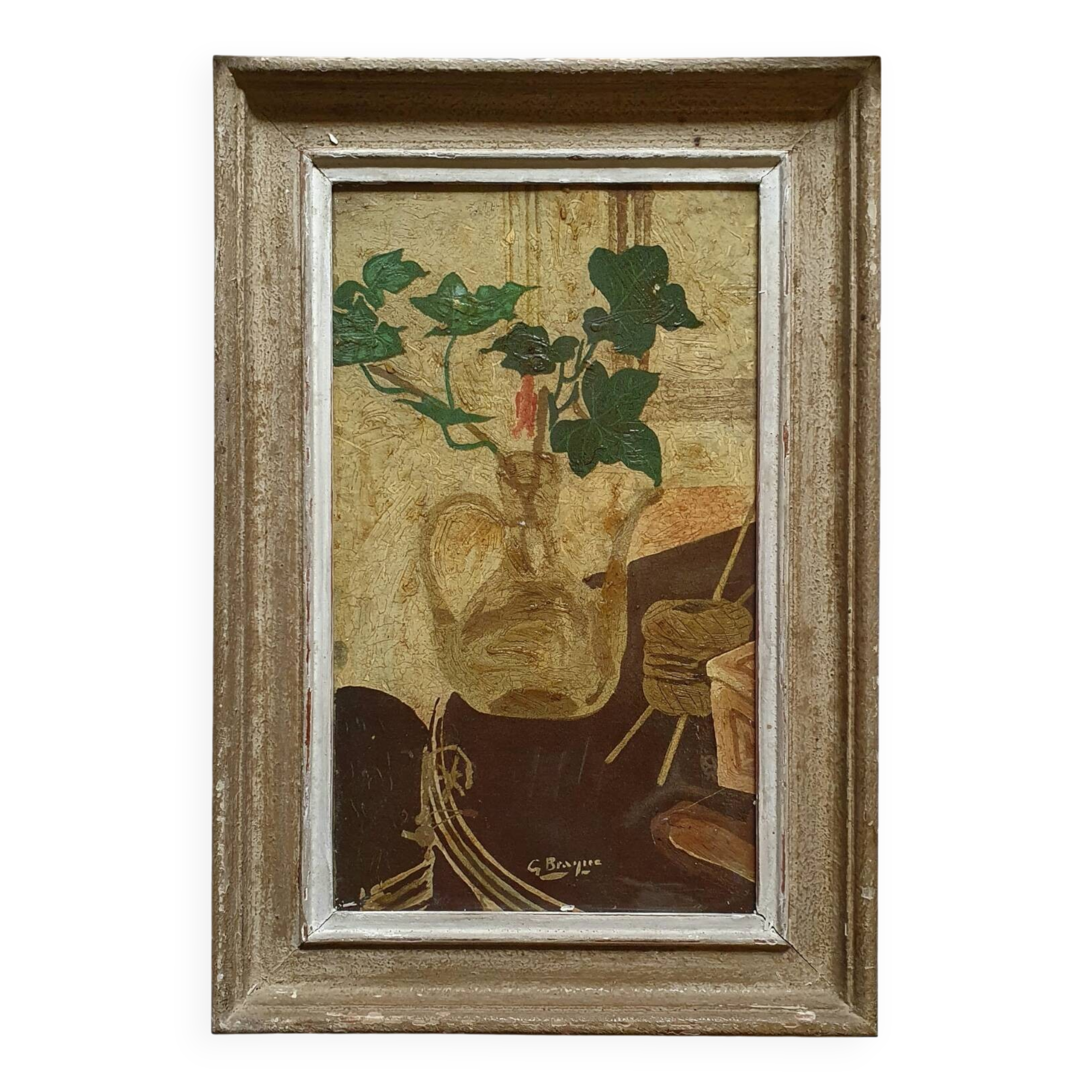 Antique still life painting with vase of ivy signed George Braque