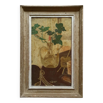 Tableau ancien nature morte avec vase de lierre signé George Braque