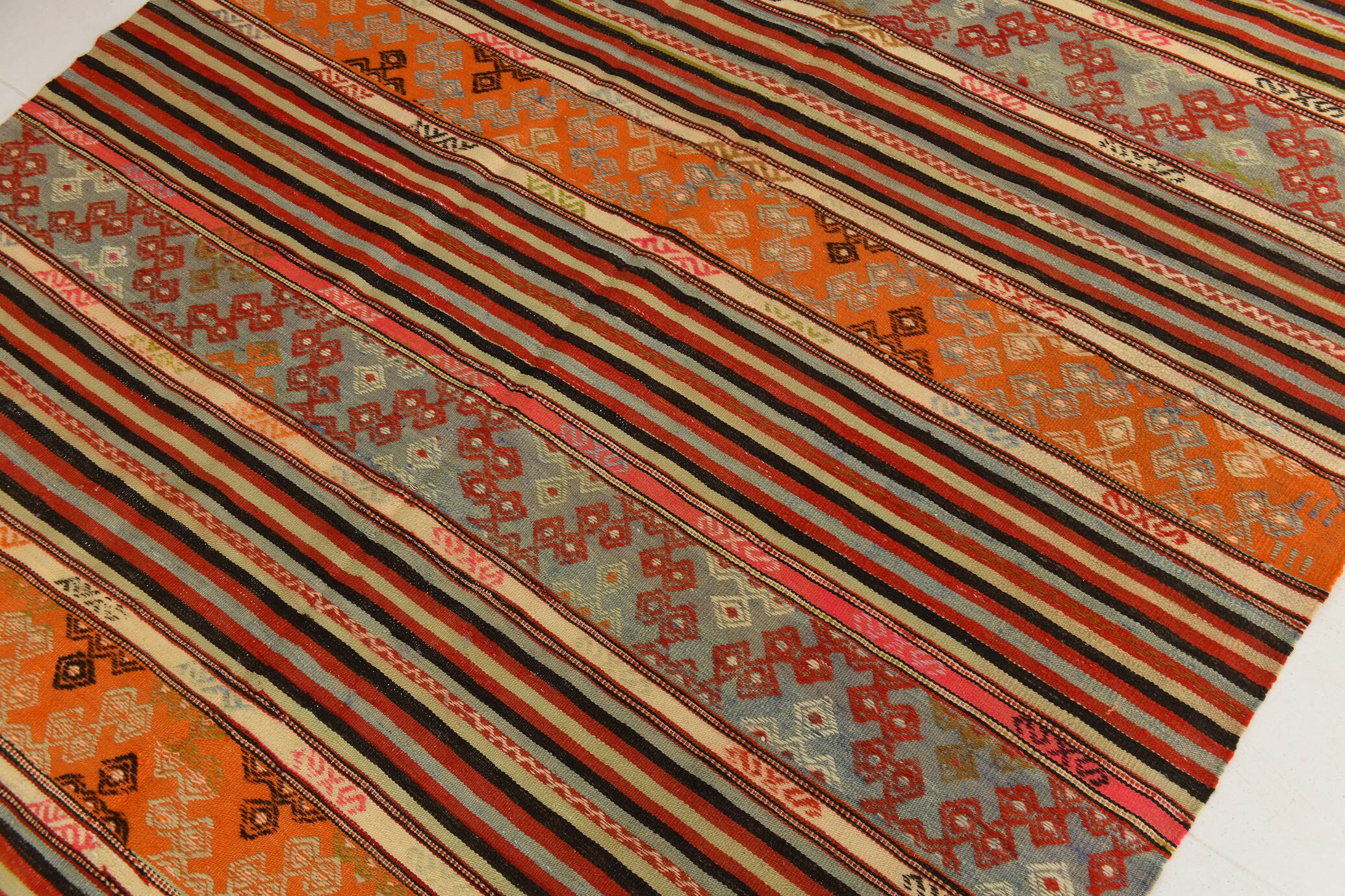 6x9 Red Orange Striped Handmade Kilim Rug, 174x267Cm