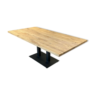 Old brushed solid oak table, matt black metal base 200 x 100 cm