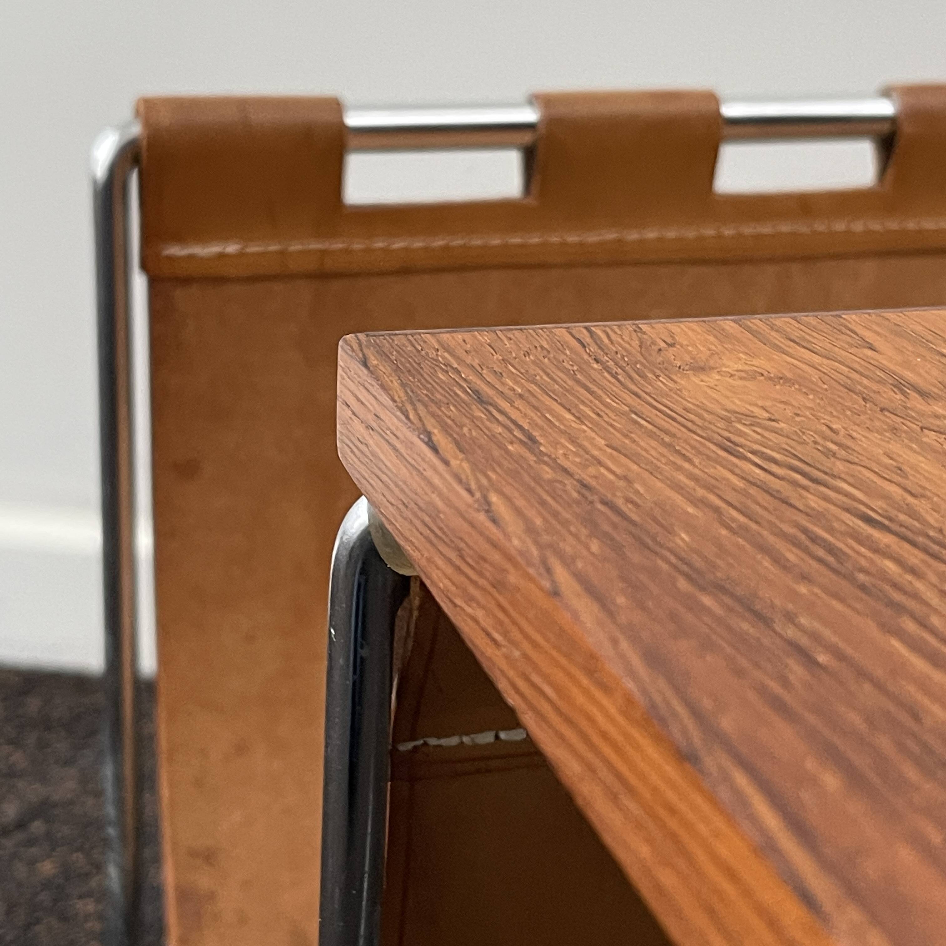 Vintage side table / newspaper holder in leather, chrome-plated steel rosewood, ca 1970