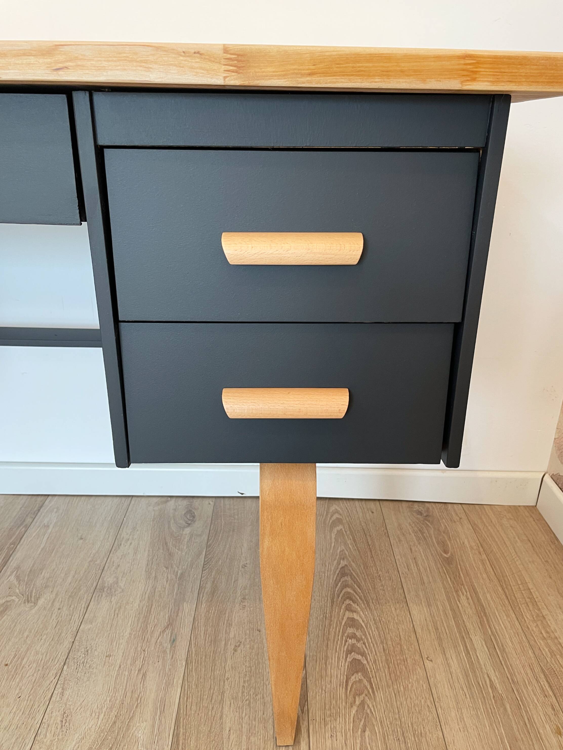 Vintage desk, Scandinavian style, Black lacquer and Beech