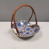 Beautiful small painted ceramic basket with woven handle