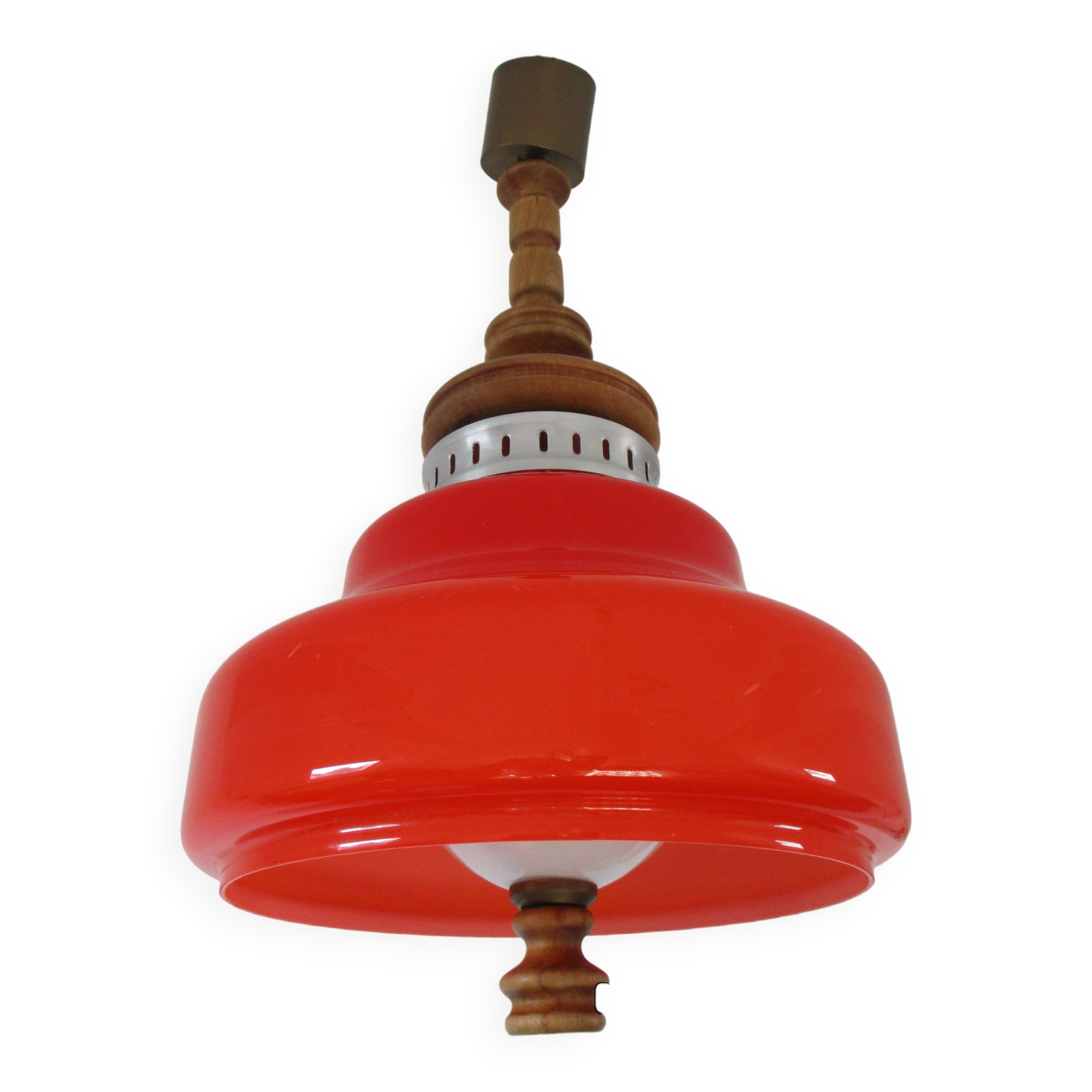 Large suspension in orange opaline and wood design 70s