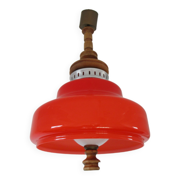 Grande suspension en opaline orange et bois design années 70