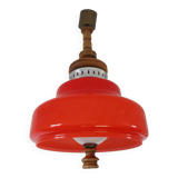 Large suspension in orange opaline and wood design 70s