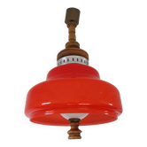 Large suspension in orange opaline and wood design 70s