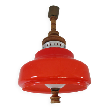 Large suspension in orange opaline and wood design 70s