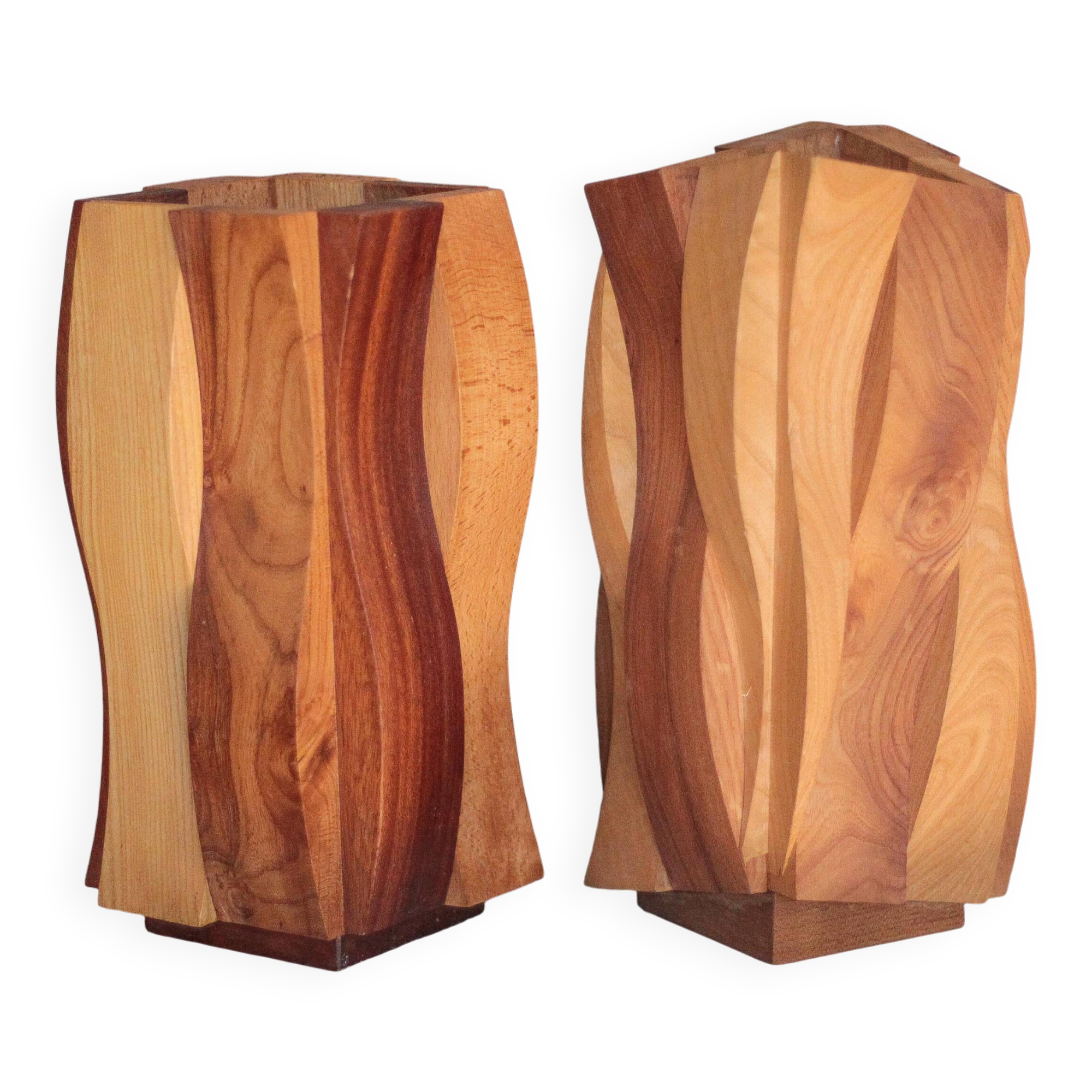Pair of sculptural wooden vases, curved wooden vase, natural wooden vase